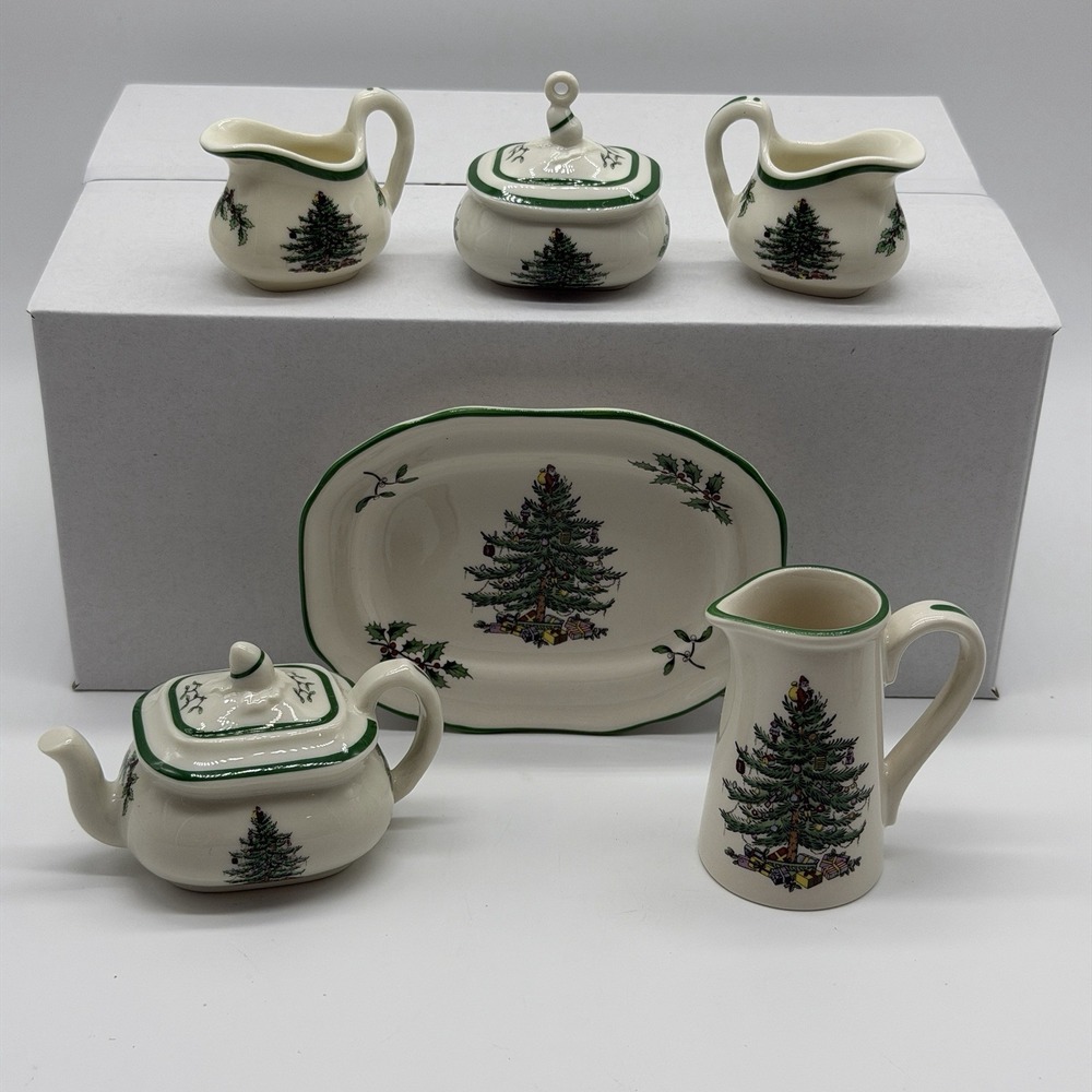 Spode Miniatures Ornaments Tea Set Dollhouse Lot of 6 Tray Pitcher Teapot‎ Play